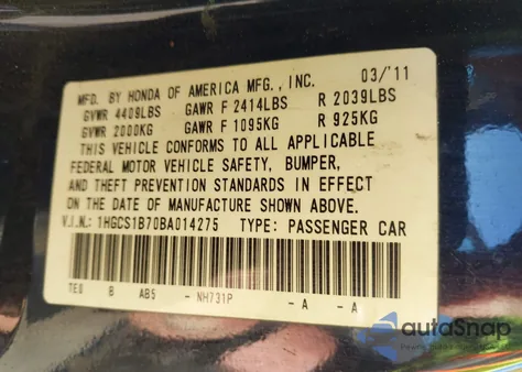 2011 Honda Accord 2.4 Ex z USA, uszkodzony, nr VIN 1HGCS1B70BA014275